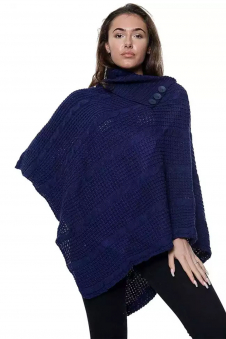Ladies Navy 3-Button Knitted Winter Poncho Cape