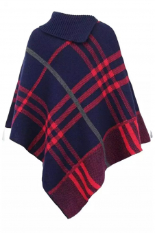 Ladies Navy High Neck Tartan Check Knitted Poncho Cape Shawl