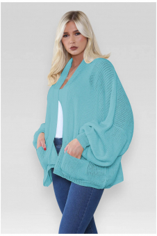 Ladies Oversized Cropped Short Balloon Pocket Chunky Knitted Cardigan Aqua