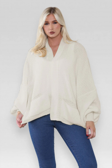 Ladies Oversized Cropped Short Balloon Pocket Chunky Knitted Cardigan Beige