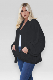 Ladies Oversized Cropped Short Balloon Pocket Chunky Knitted Cardigan Black