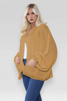 Ladies Oversized Cropped Short Balloon Pocket Chunky Knitted Cardigan Camel