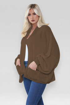 Ladies Oversized Cropped Short Balloon Pocket Chunky Knitted Cardigan Chocolate