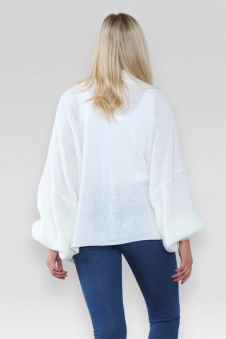 Ladies Oversized Cropped Short Balloon Pocket Chunky Knitted Cardigan Cream