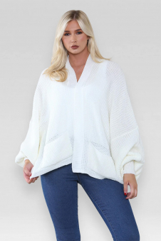 Ladies Oversized Cropped Short Balloon Pocket Chunky Knitted Cardigan Cream