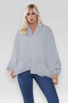 Ladies Oversized Cropped Short Balloon Pocket Chunky Knitted Cardigan Grey