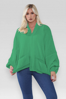 Ladies Oversized Cropped Short Balloon Pocket Chunky Knitted Cardigan Jade Green