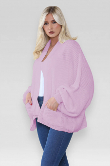 Ladies Oversized Cropped Short Balloon Pocket Chunky Knitted Cardigan Lilac