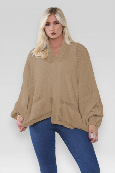 Ladies Oversized Cropped Short Balloon Pocket Chunky Knitted Cardigan Mocha