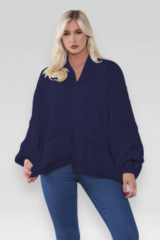 Ladies Oversized Cropped Short Balloon Pocket Chunky Knitted Cardigan Navy