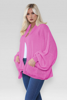 Ladies Oversized Cropped Short Balloon Pocket Chunky Knitted Cardigan Neon Pink