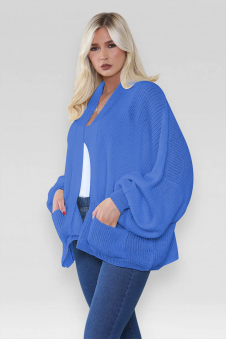 Ladies Oversized Cropped Short Balloon Pocket Chunky Knitted Cardigan Royal Blue