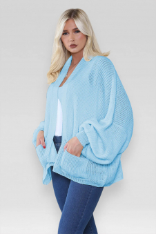 Ladies Oversized Cropped Short Balloon Pocket Chunky Knitted Cardigan Sky Blue