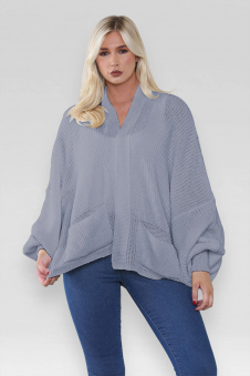 Ladies Oversized Cropped Short Balloon Pocket Chunky Knitted Cardigan Slate Grey