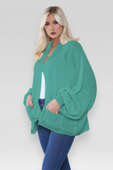 Ladies Oversized Cropped Short Balloon Pocket Chunky Knitted Cardigan Teal