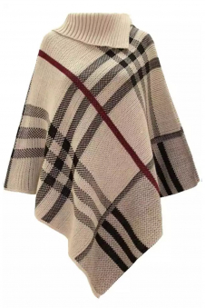 Ladies Stone High Neck Tartan Check Knitted Poncho Cape Shawl
