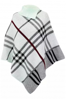 Ladies White High Neck Tartan Check Knitted Poncho Cape Shawl