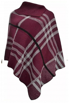 Ladies Wine High Neck Tartan Check Knitted Poncho Cape Shawl