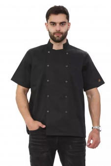 Men Black Short Sleeve Double Breasted Chef Jacket Apron