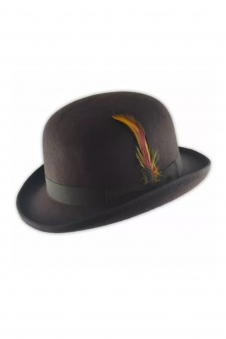 Men Brown 100% Wool Bowler Hat with Feather