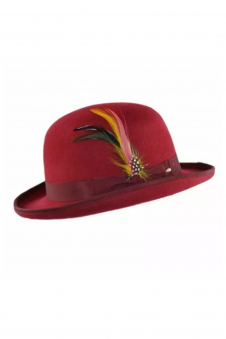 Men Burgundy 100% Wool Bowler Hat with Feather