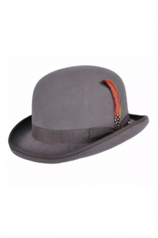 Men Dark Grey 100% Wool Bowler Hat with Feather