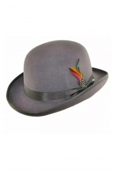Men Light Grey 100% Wool Bowler Hat with Feather