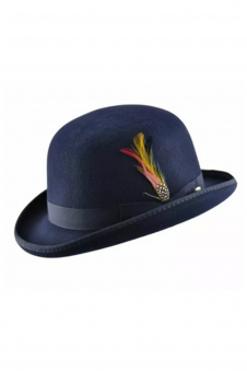 Men Navy Blue 100% Wool Bowler Hat with Feather
