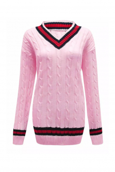 Men Pink V Neck Long Sleeve Cricket Jumper Pullover Sweater