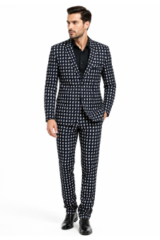 Men’s Black & White Geometric Print Suit – Blazer Jacket & Pants Set