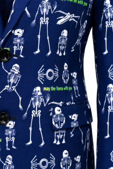 Men’s Navy Skeleton Print Halloween Suit – Blazer Jacket & Pants Set