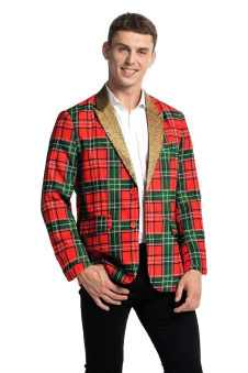 Men’s Tartan Plaid Gold Lapel Christmas Blazer Jacket