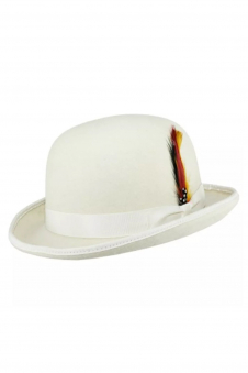 Men White 100% Wool Bowler Hat with Feather