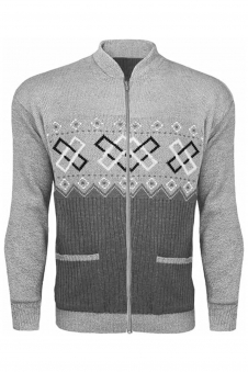 Mens Full Zip Light Grey Cardigan with Pockets Long Sleeves Jumper