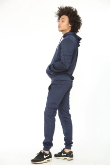 Navy Blue Men Polyester Tracksuit With front pocket on Hood