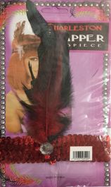 Red Sequin Flapper Head Band with Feathers