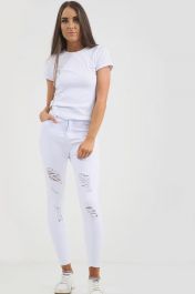 White Ladies High Waisted Ripped Jeans