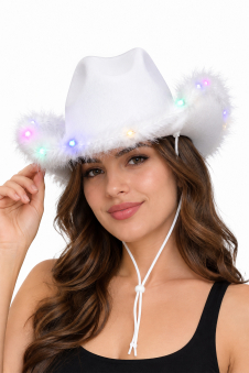 Wickedfun Adult Light Up White Cowboy Hat with Fluff Trim