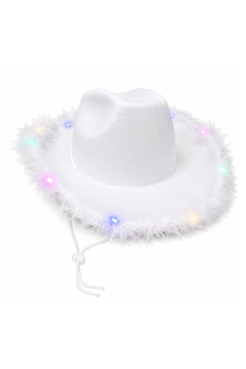 Wickedfun Adult Light Up White Cowboy Hat with Fluff Trim