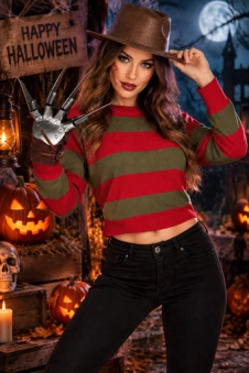 Wickedfun Nightmare Demon 3pcs Women Red and Green Knitted Crop Top Jumper Hat and Claw Glove