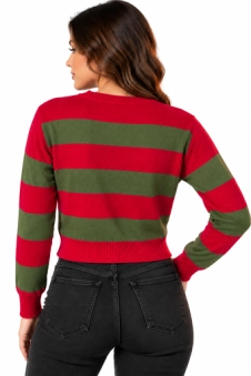 Wickedfun Nightmare demon Ladies Red and Green Stripe Knitted Crop Top Jumper
