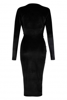 Women Black Crushed Velvet Ruched Midi Dress with Long Sleeves