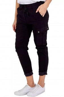 Women Black Italian Cargo Joggers with Drawstring and Turn-Up