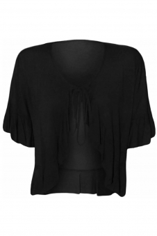 Women Black Plus Size Frill Tie Front V-Neck Cardigan Shrug