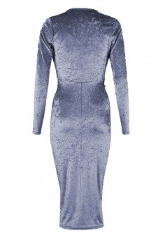 Women Charcoal Crushed Velvet Ruched Midi Dress with Long Sleeves
