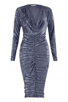 Women Charcoal Crushed Velvet Ruched Midi Dress with Long Sleeves
