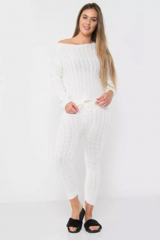 Women Cream Cable Knit Lounge Wear 2 Pcs Tracksuit Set