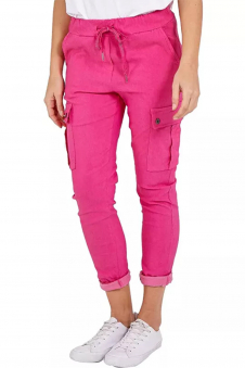 Women Hot Pink Italian Cargo Joggers with Drawstring and Turn-Up