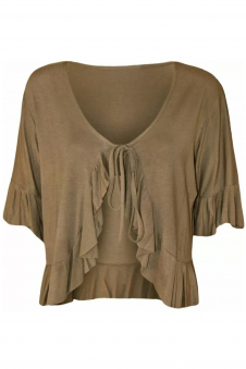 Women Mocha Plus Size Frill Tie Front V-Neck Cardigan Shrug