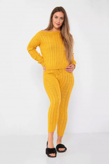 Women Mustard Cable Knit Lounge Wear 2 Pcs Tracksuit Set
